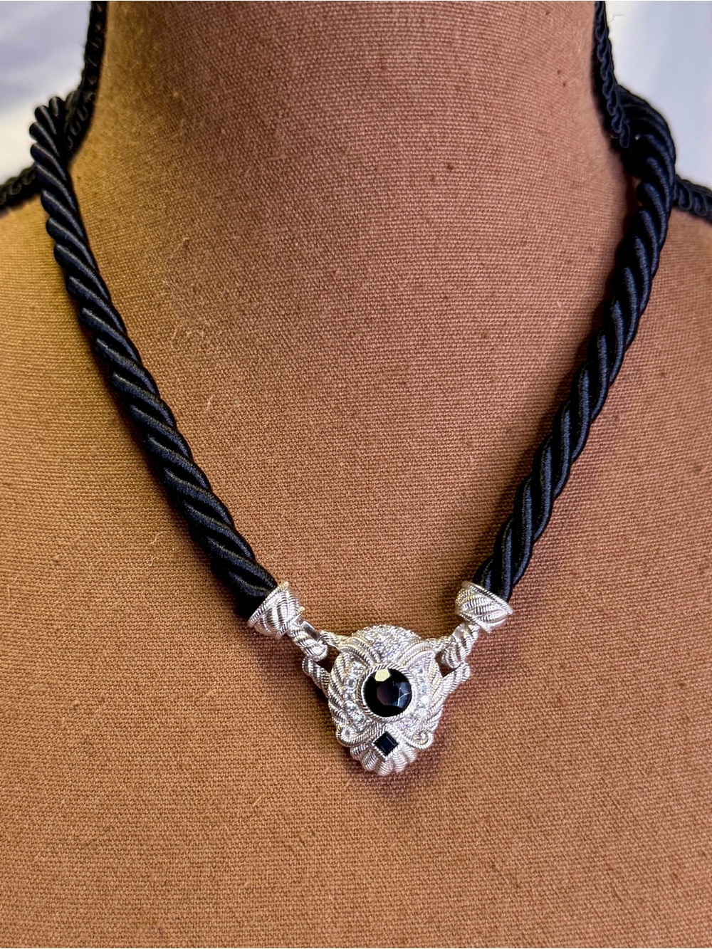 JUDITH RIPKA Sterling Silver Twisted Black Silk Cord Removable Pendant Necklace